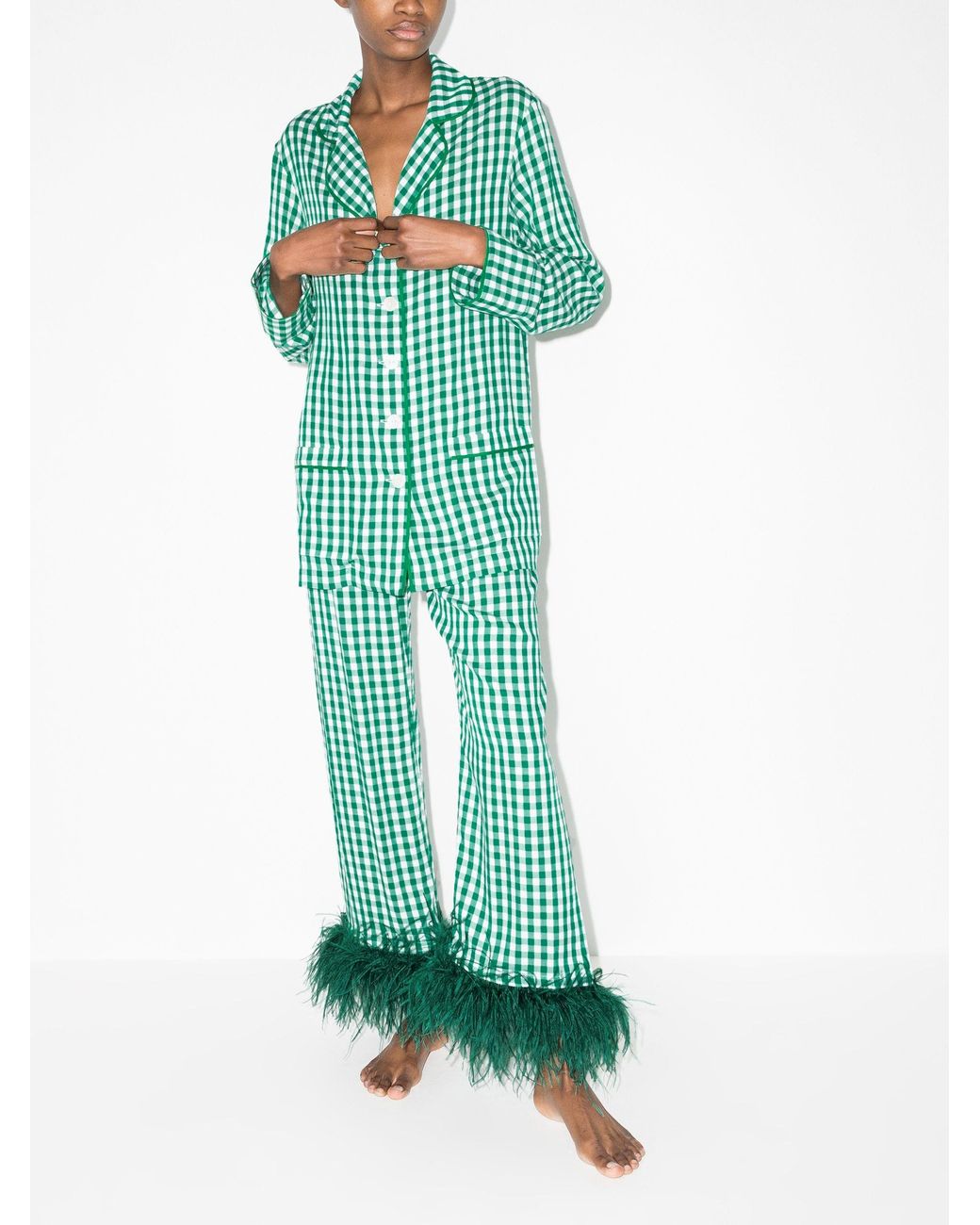 Sleeper Gingham Feather Trim Pyjamas - Women's - Viscose in Green | Lyst