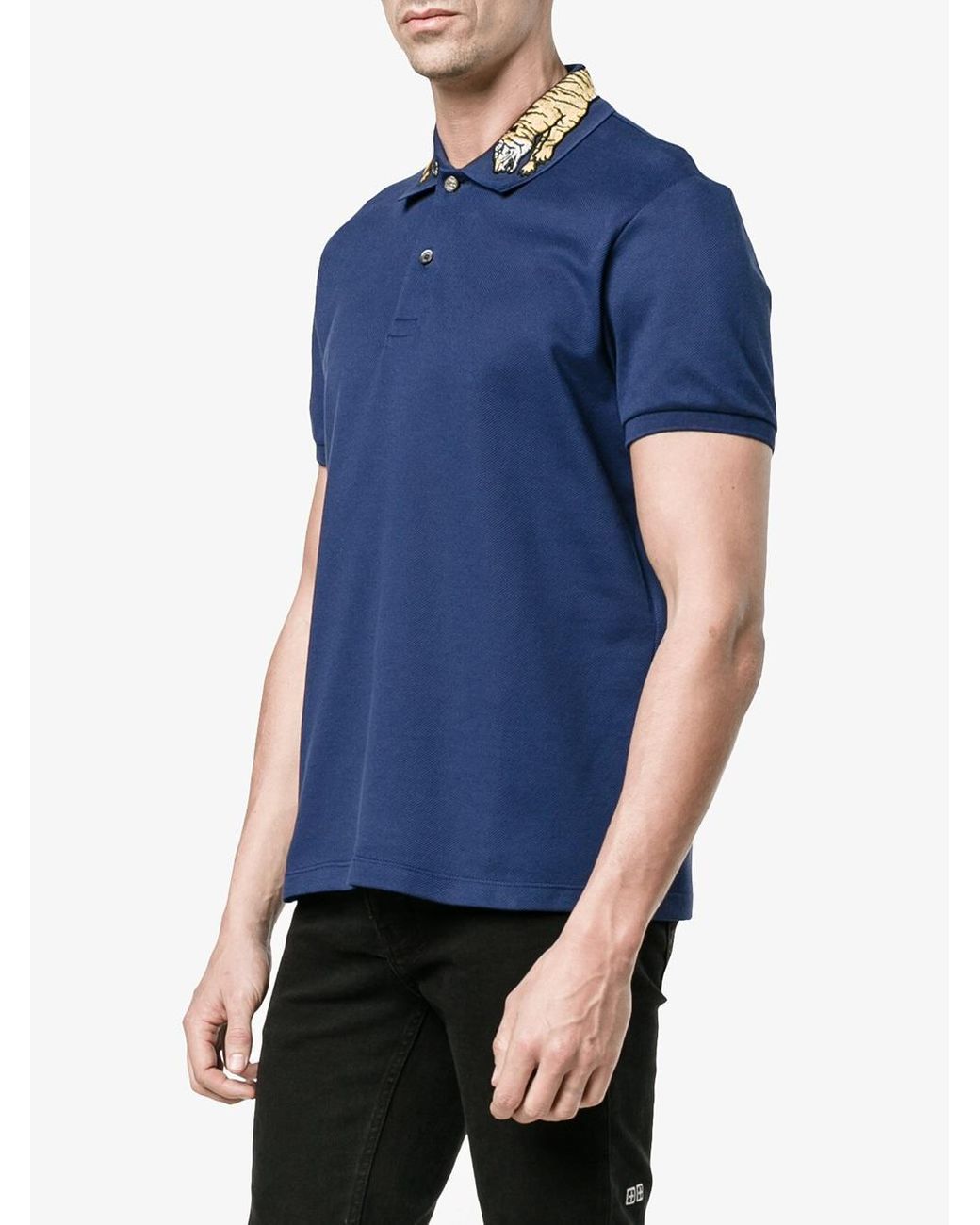 Gucci Tiger Embroidered Polo Shirt in Blue for Men | Lyst