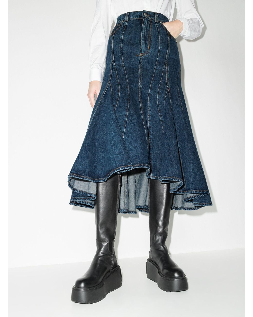 McQueen Panelled Denim Midi Skirt in Blue | Lyst
