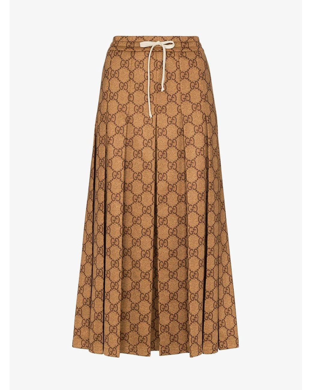Gucci GG Logo Print Pleated Midi Skirt in Brown | Lyst
