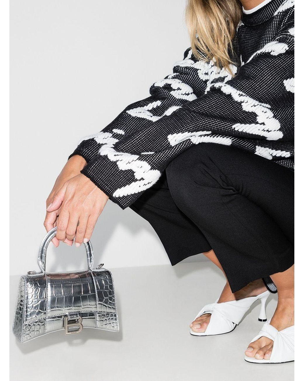 Balenciaga Silver Hourglass Xs Mock Croc Top Handle Bag in Gray | Lyst