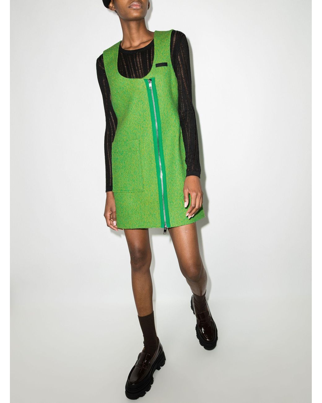 Ganni Zip-up Asymmetric Wool Mini Dress in Green | Lyst UK