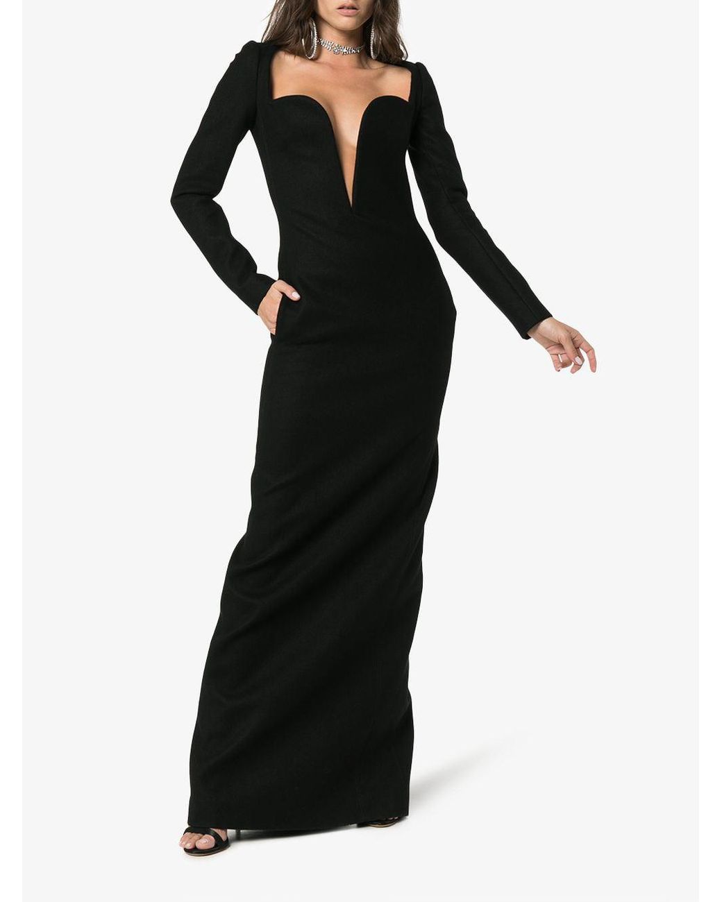 Saint Laurent Plunging Sweetheart Neck Wool Column Dress in