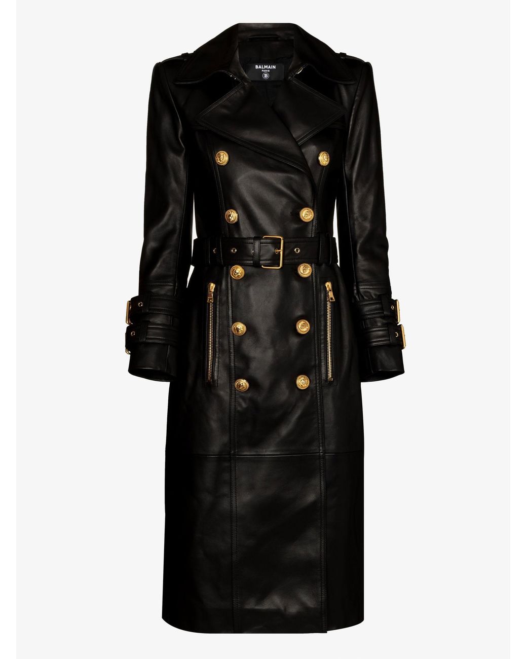 Balmain Belted Leather Trench Coat in Black | Lyst