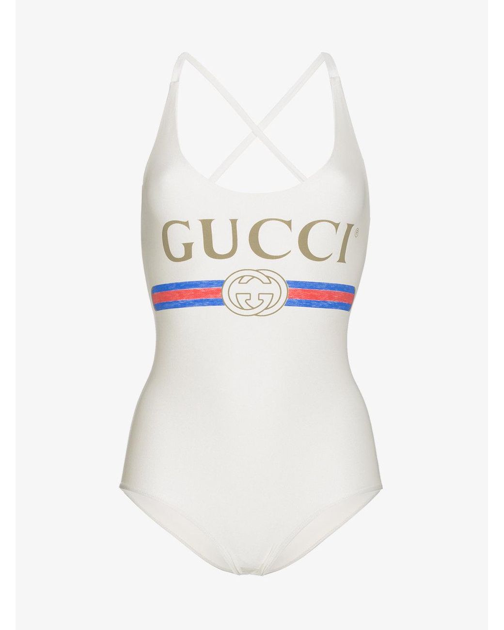 Gucci Fake Logo Front Swimsuit in Natural | Lyst Australia