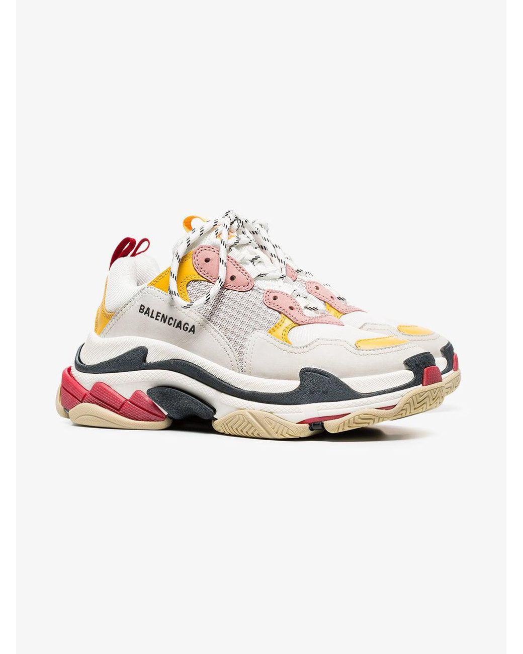 Balenciaga White, Pink And Yellow Triple S Leather Sneakers | Lyst
