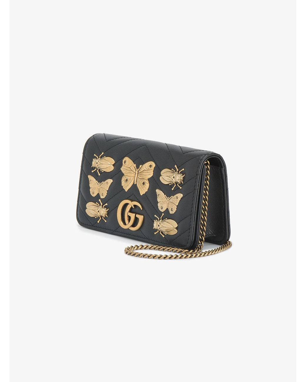 Gucci Gg Marmont Bug Embellished Chain Wallet Bag in Black | Lyst