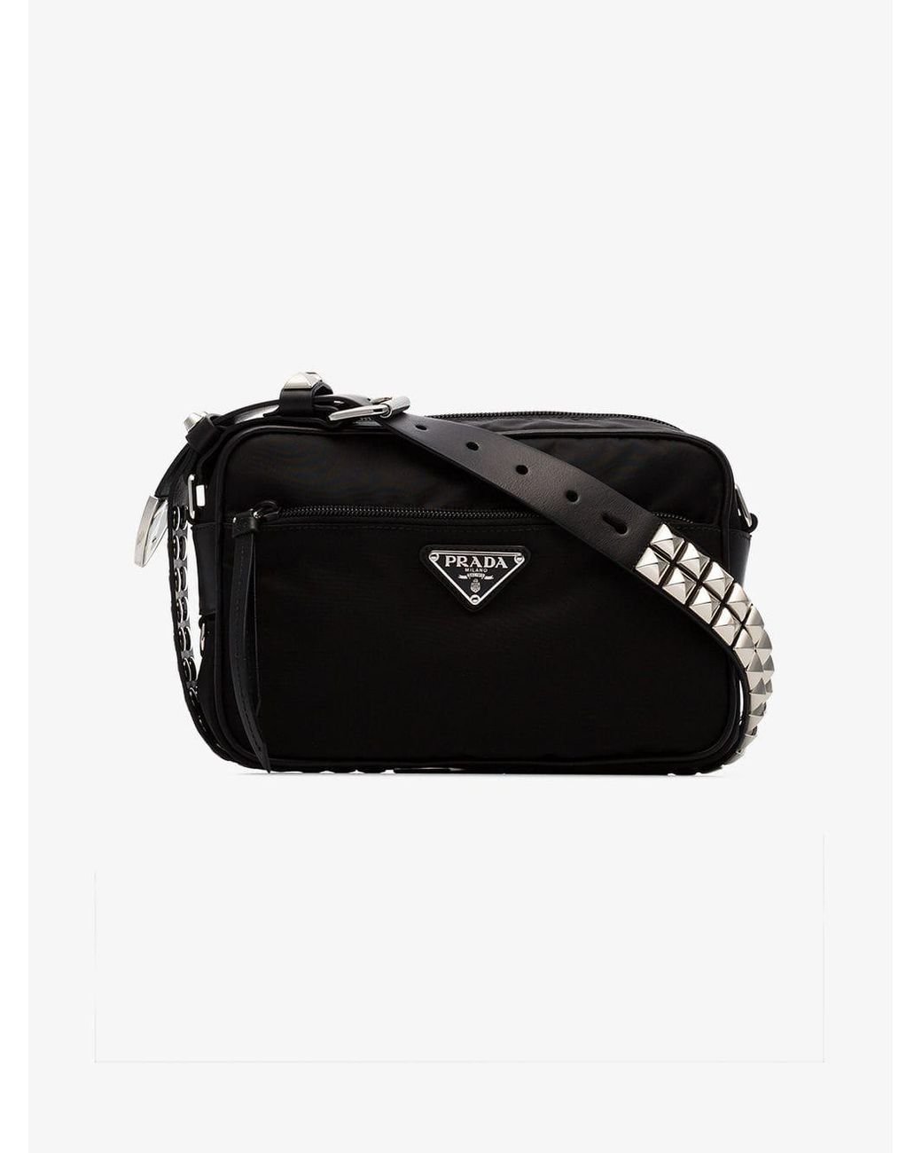 Prada Black Studded Strap Textile Shoulder Bag | Lyst
