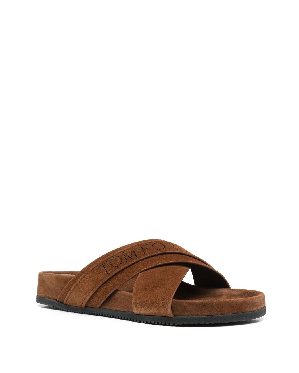 for Men Black Mens Shoes Sandals slides and flip flops Leather sandals Tom Ford Logo Suede Crossover Sandals in Brown 