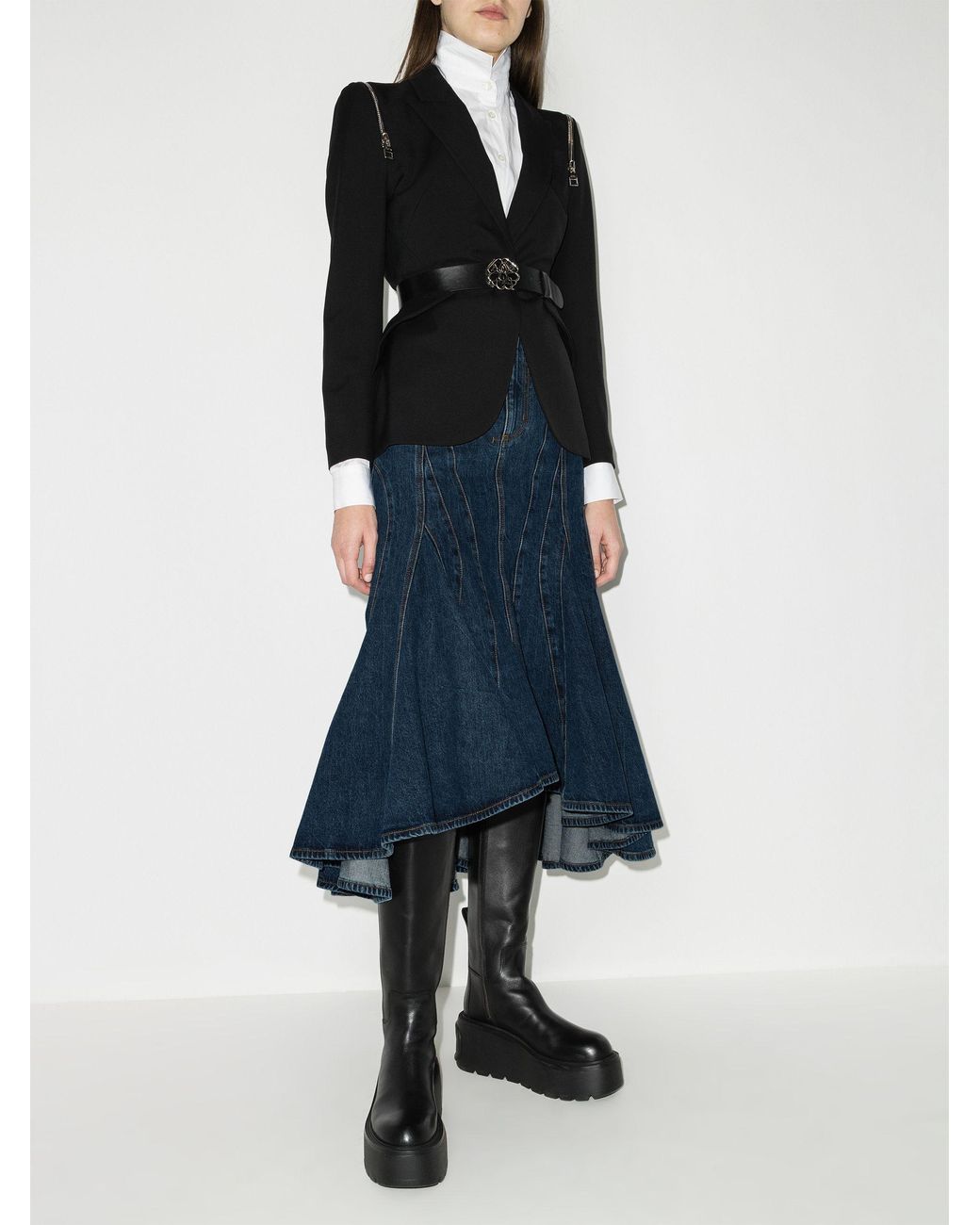【送料&関税込】Alexander McQueen Log Patch Denim Midi Skirt Alexander McQueen Log Patch Denim Midi Skirt | italist