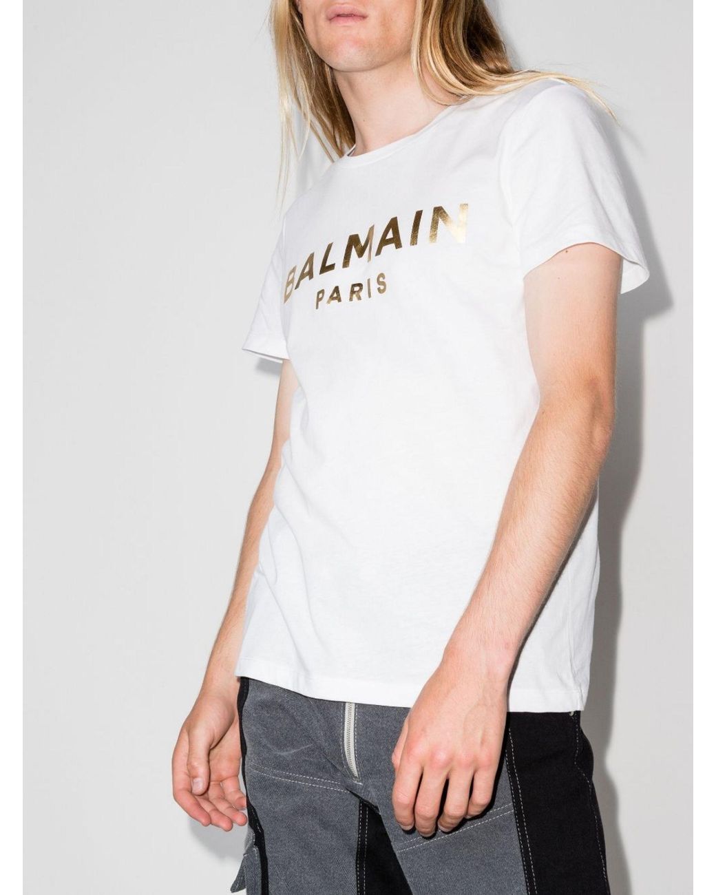 Balmain Foil Logo Cotton T-shirt in White for Men | Lyst