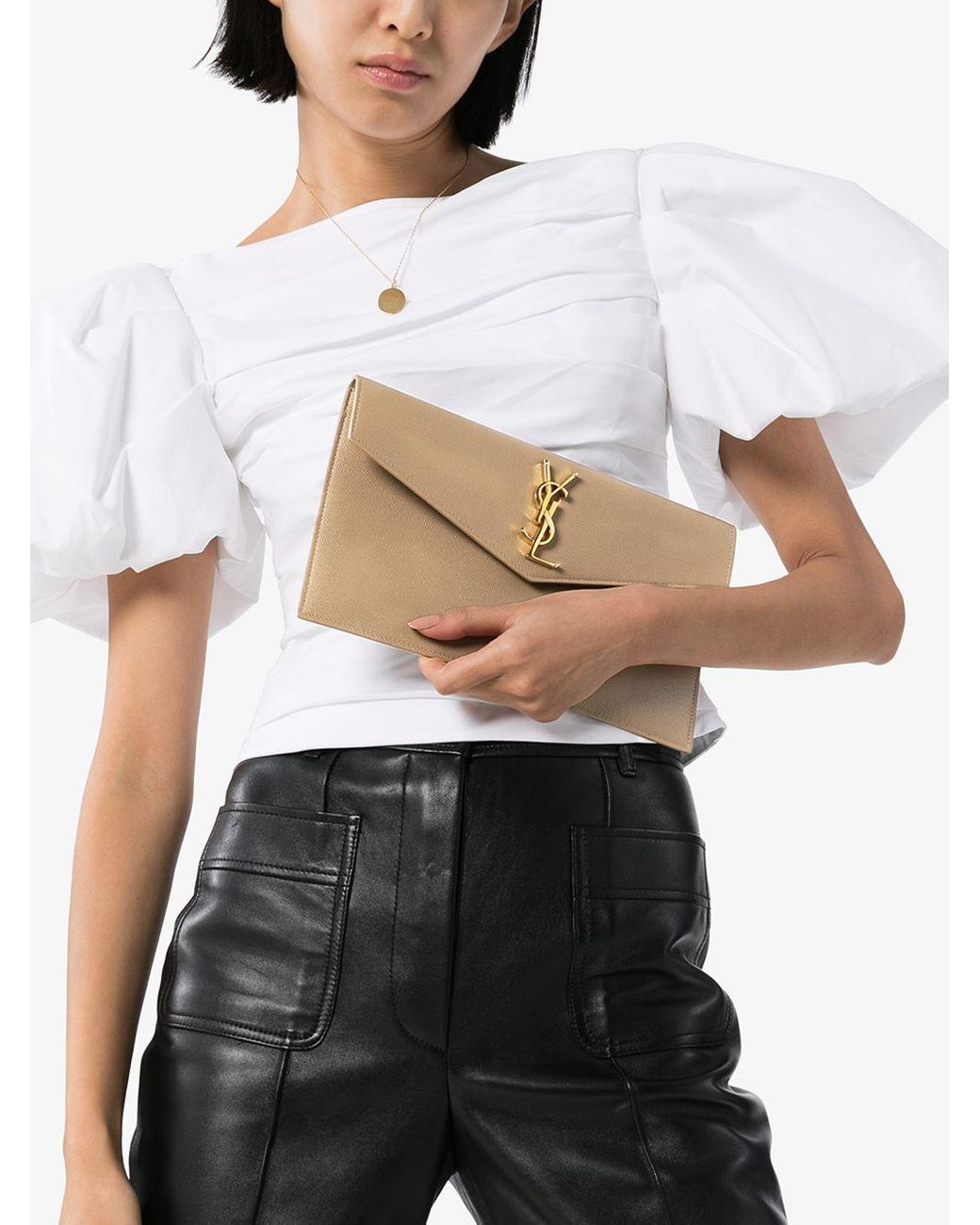 Saint Laurent Uptown Envelope Leather Clutch Bag - Neutrals