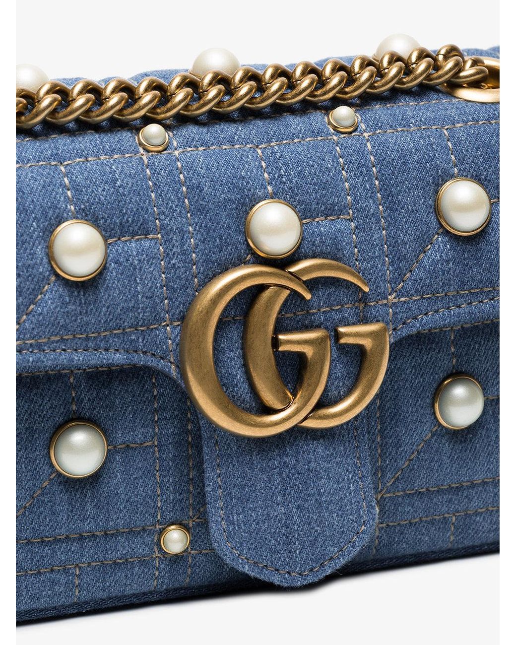 Gucci Small Denim GG Marmont Imitation Pearl Shoulder Bag - dress. Raleigh