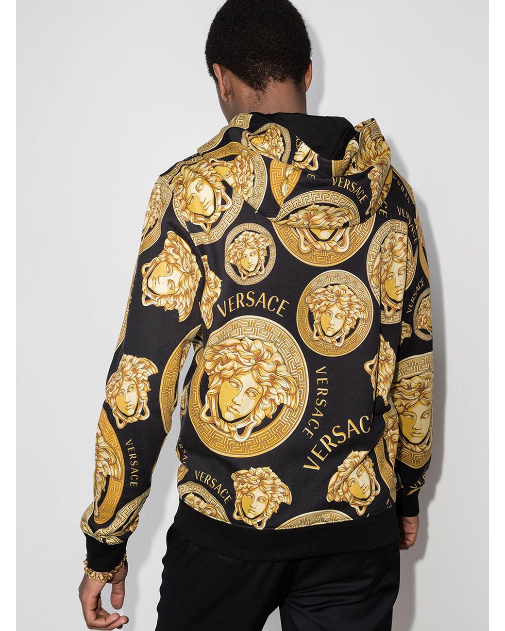 Versace Gold Medusa Logo Center Brand Name Stripe Black Hoodie