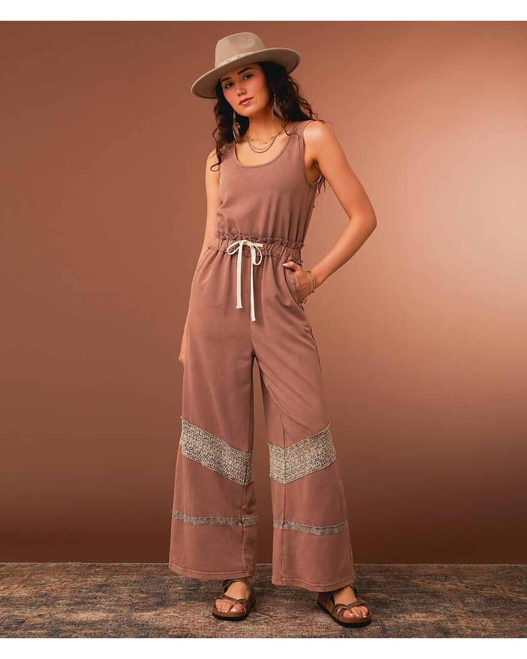Gimmicks Washed Crochet Inset Wide Leg Jumpsuit in Brown | Lyst
