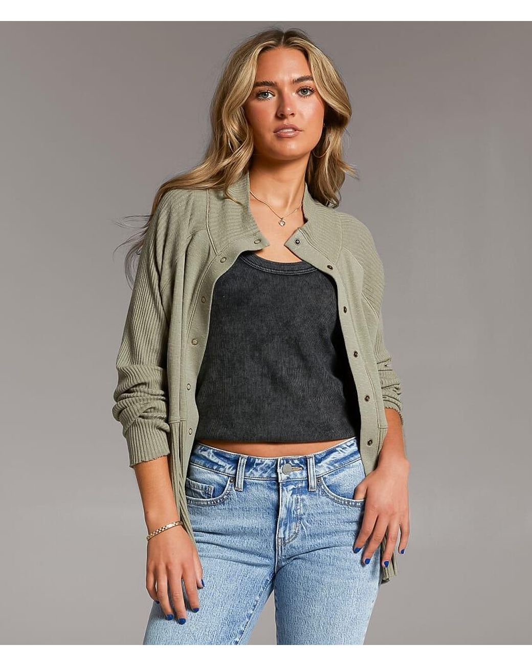 BKE Gray Ribbed Mock Neck Cardigan
