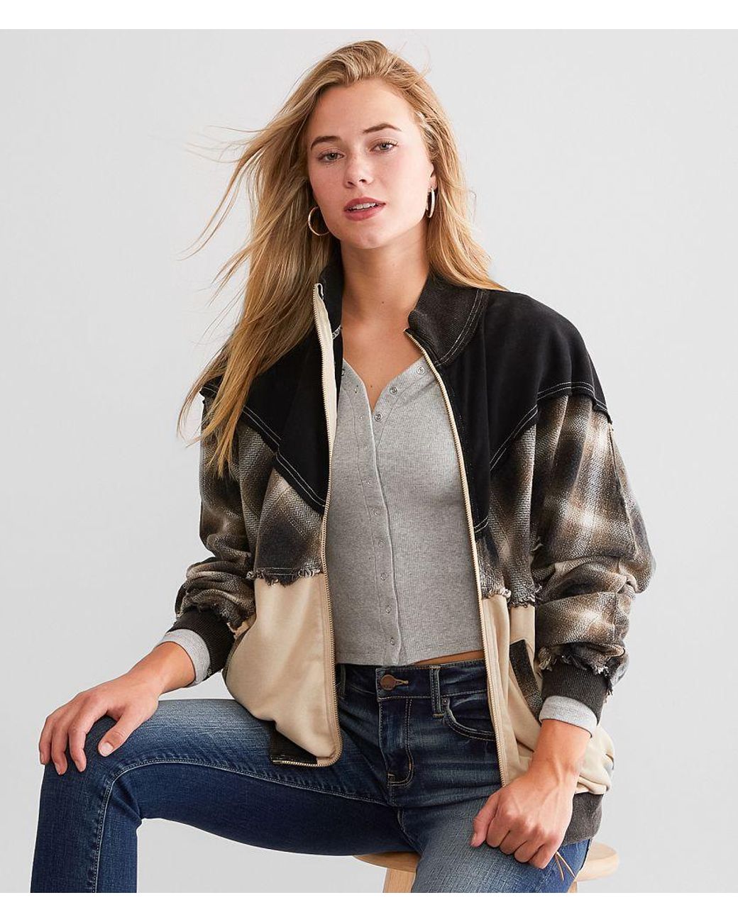 BKE Gray Pieced Plaid Jacket