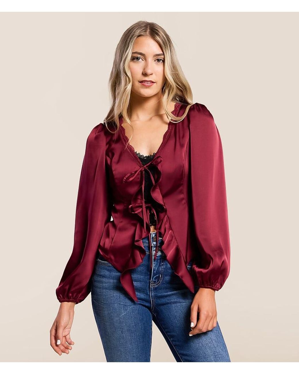 Willow & Root Red Satin Ruffle Top