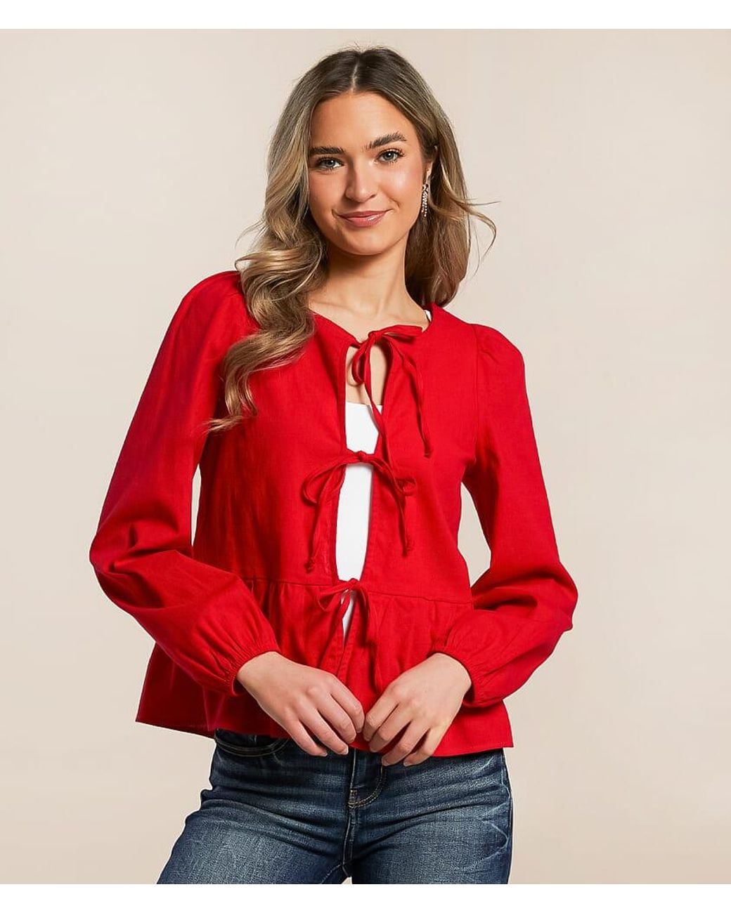 Willow & Root Red Front Tie Peplum Top