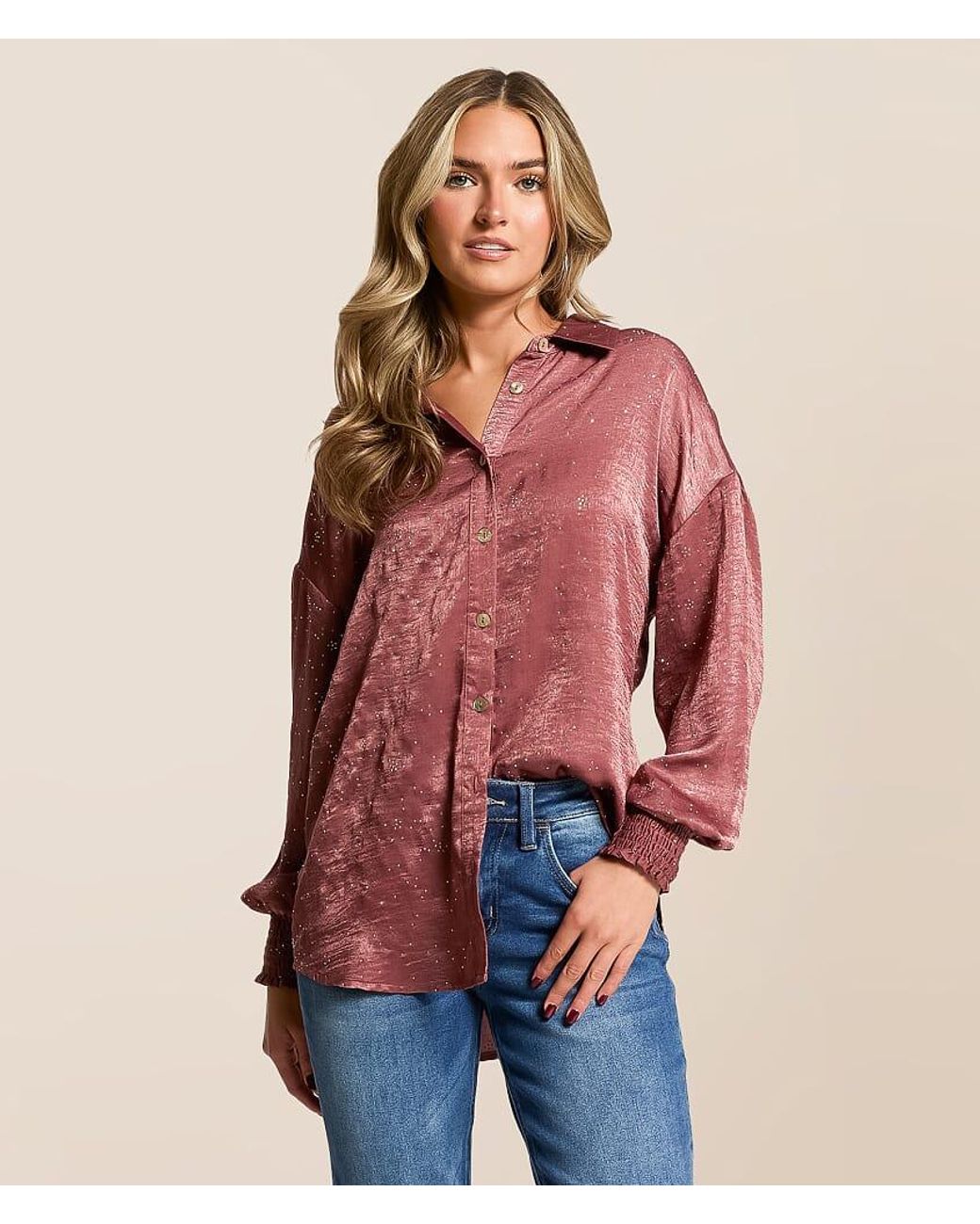 Daytrip Red Rhinestone Satin Blouse
