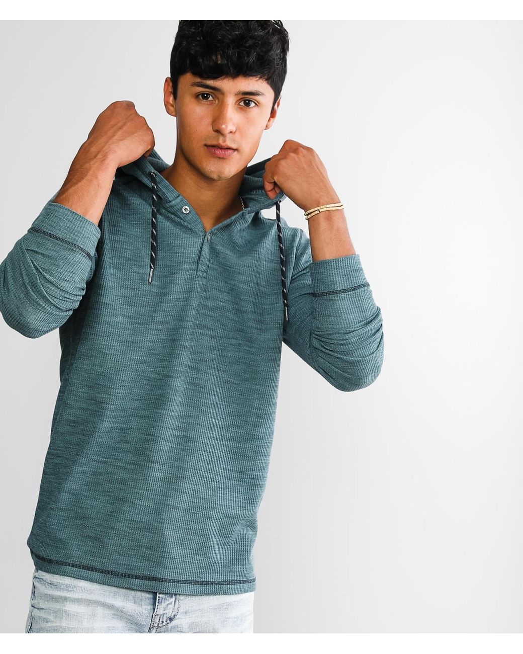 BKE Thermal Henley Hoodie in Turquoise 