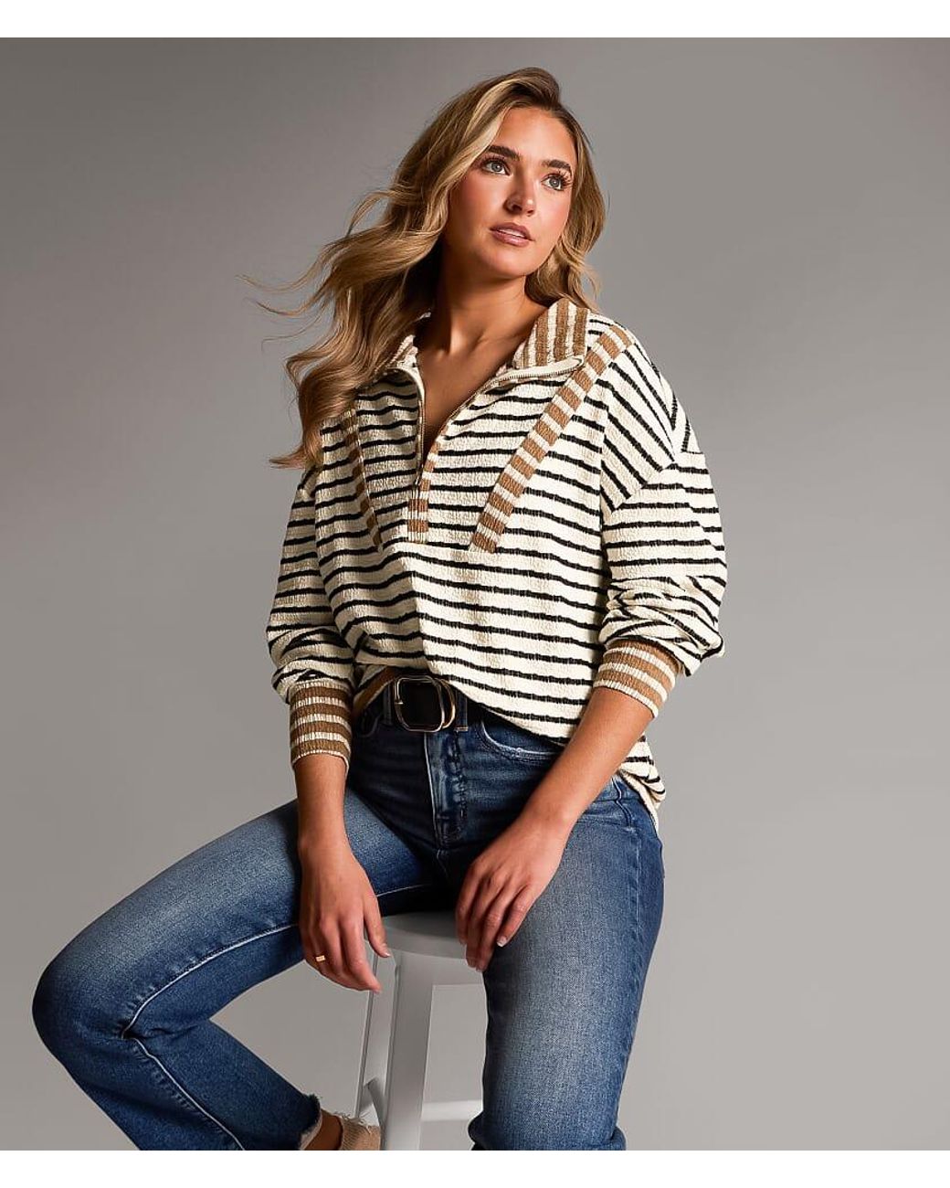 BKE Gray Striped Half Zip Pullover