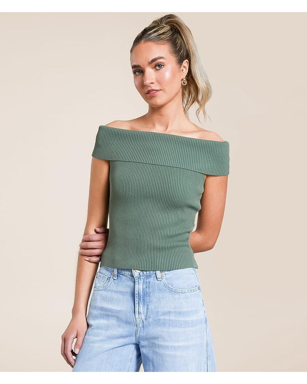 The Workshop Green Foldover Off The Shoulder Top