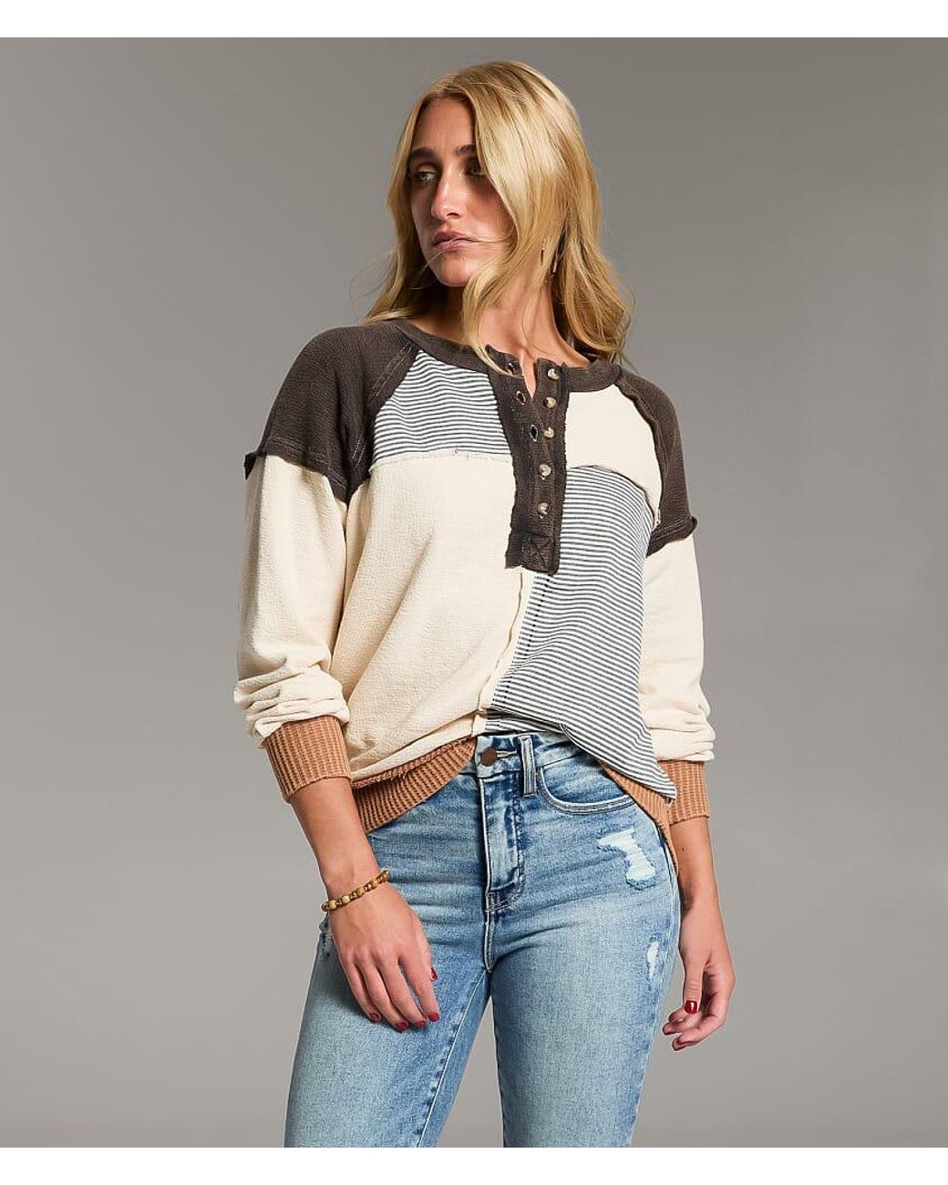 BKE Gray Pieced Stripe Oversized Henley Pullover
