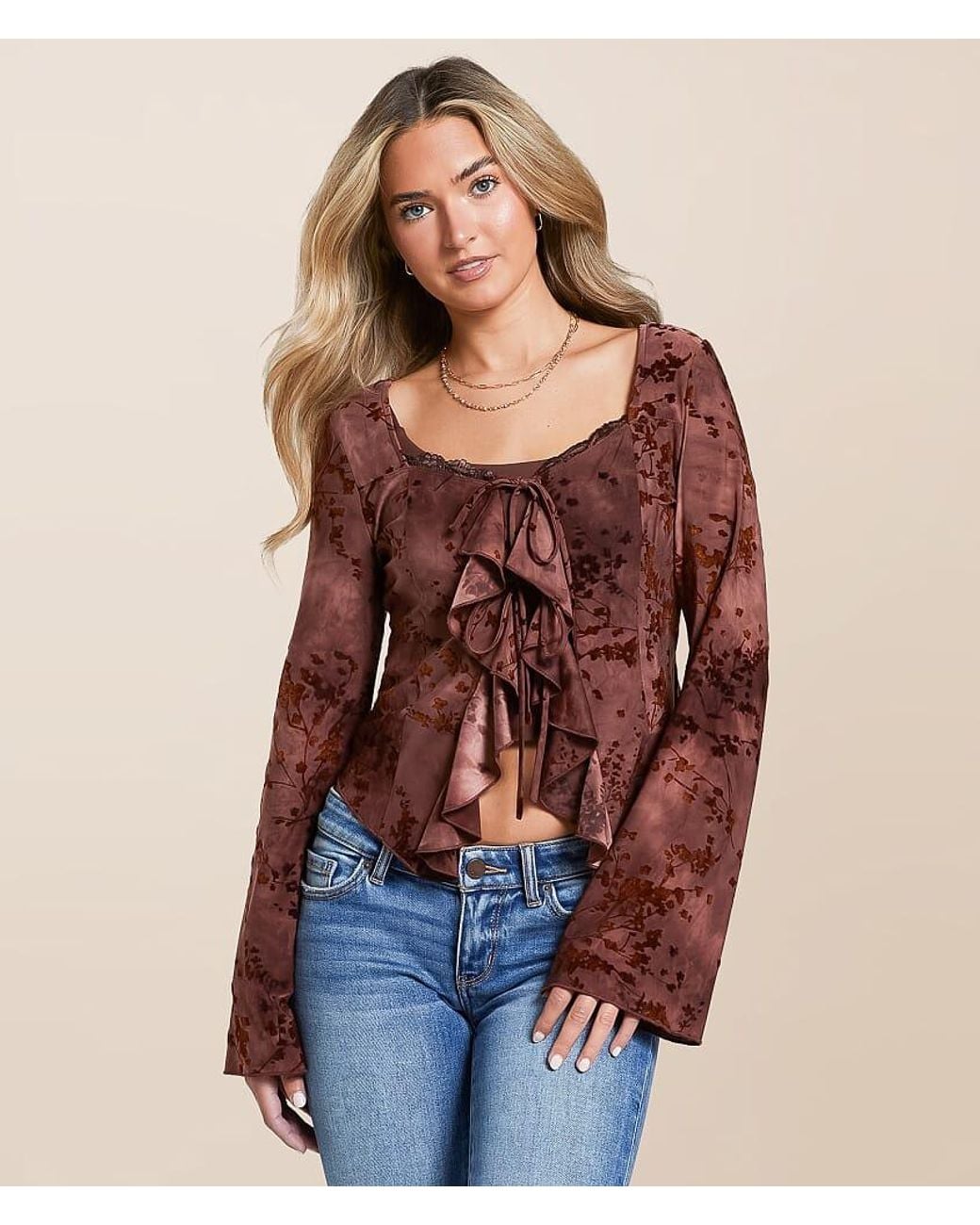 Willow & Root Blue Floral Flocked Ruffle Top