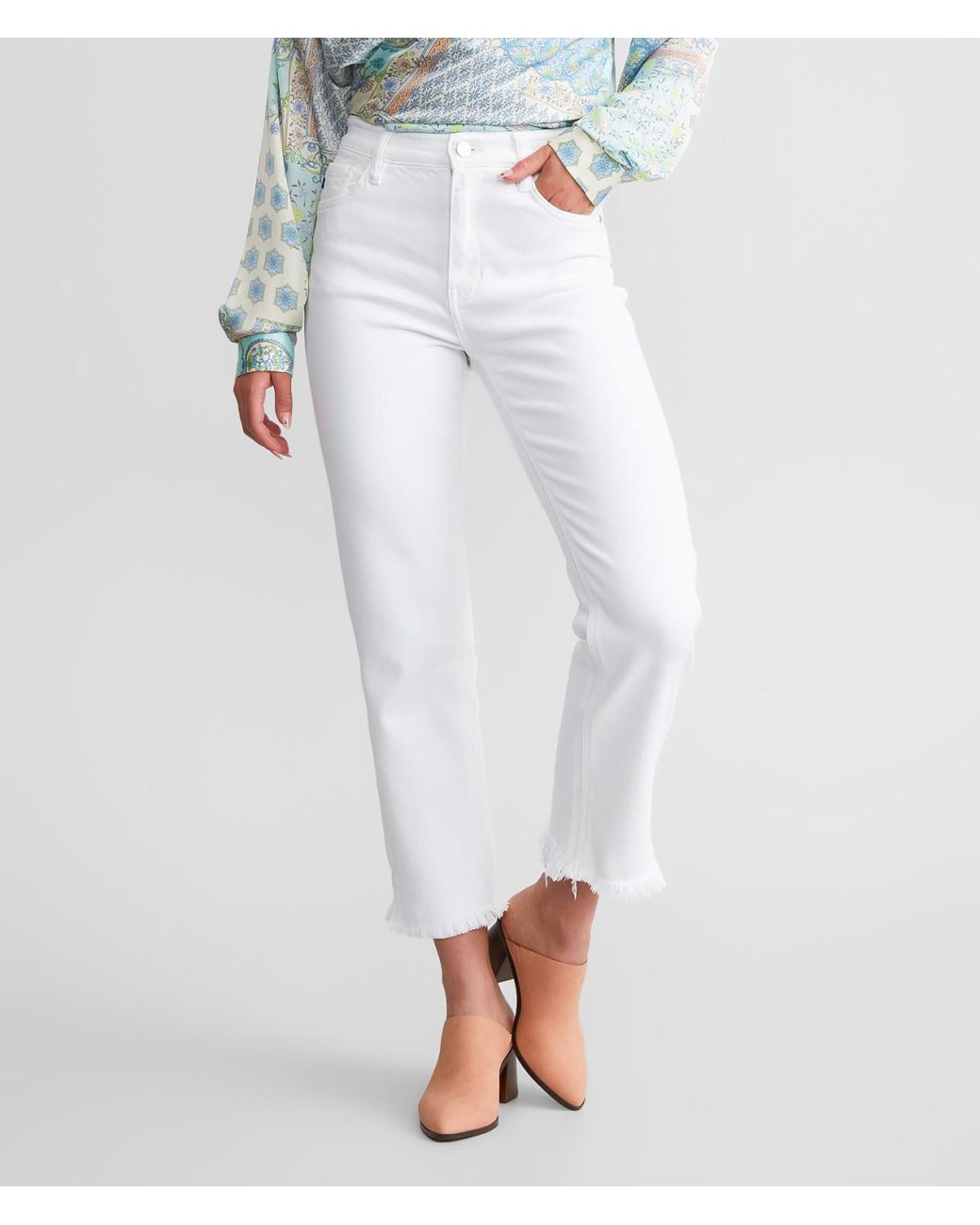 Kancan Kan Can High Rise Cropped Straight Stretch Jean in White | Lyst