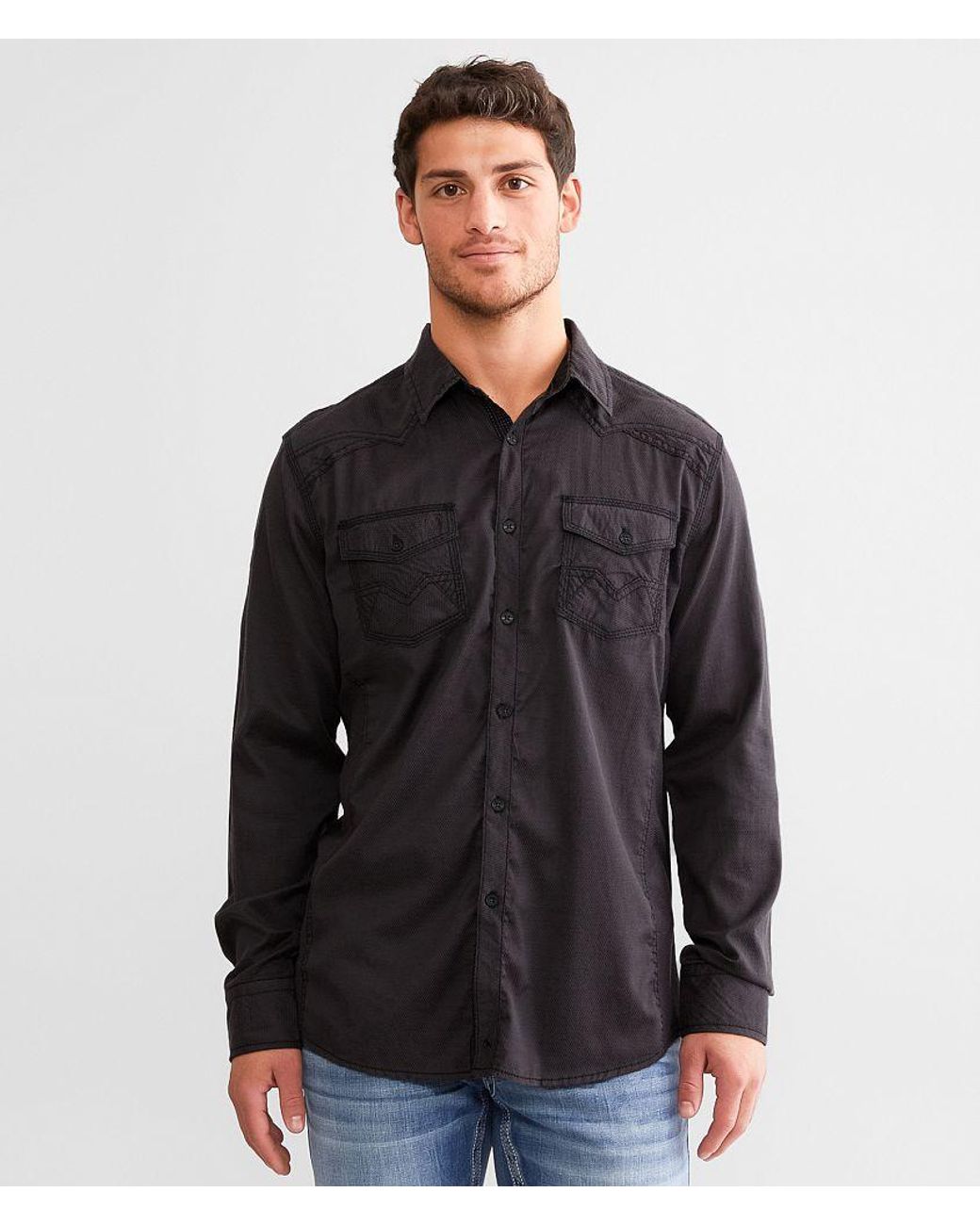 Buckle Black Black Solid Athletic Stretch Shirt for men