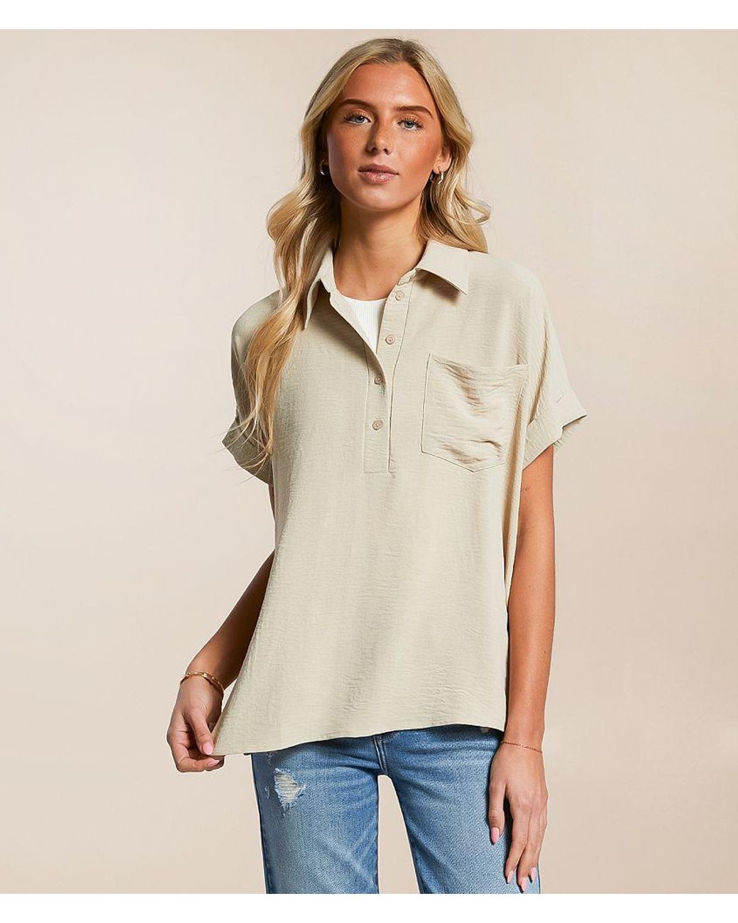 Daytrip Natural Collared Henley Blouse