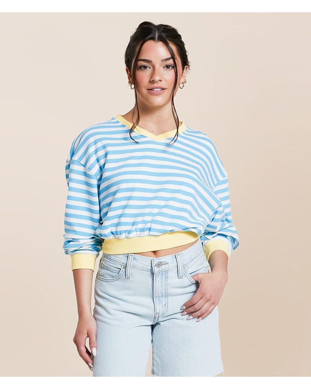 FITZ + EDDI Blue Striped Color Block Cropped Pullover