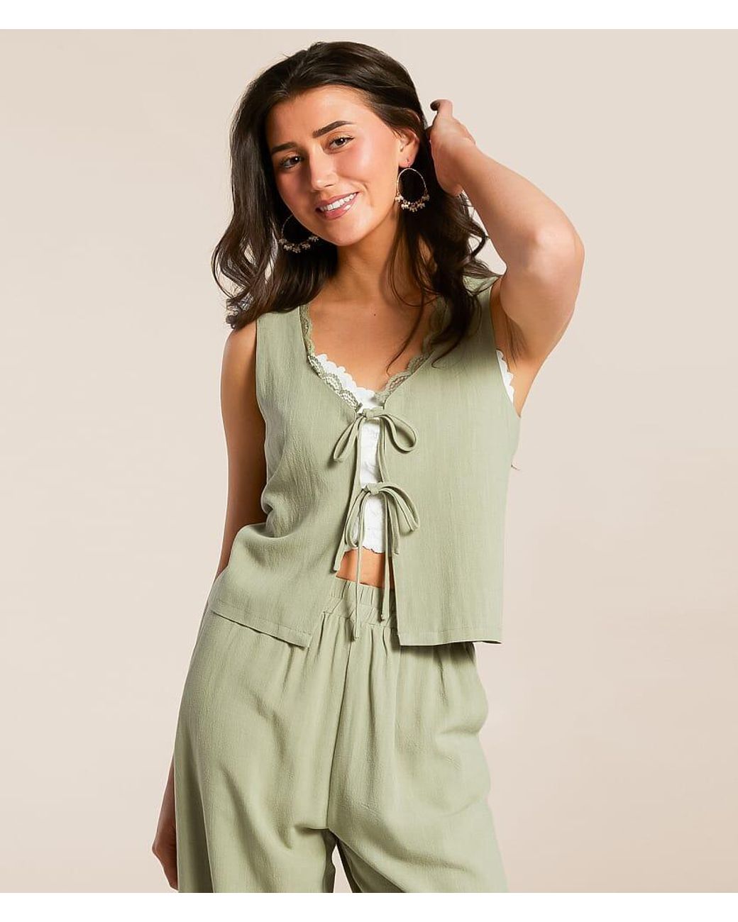 Willow & Root Green Front Tie Tank Top