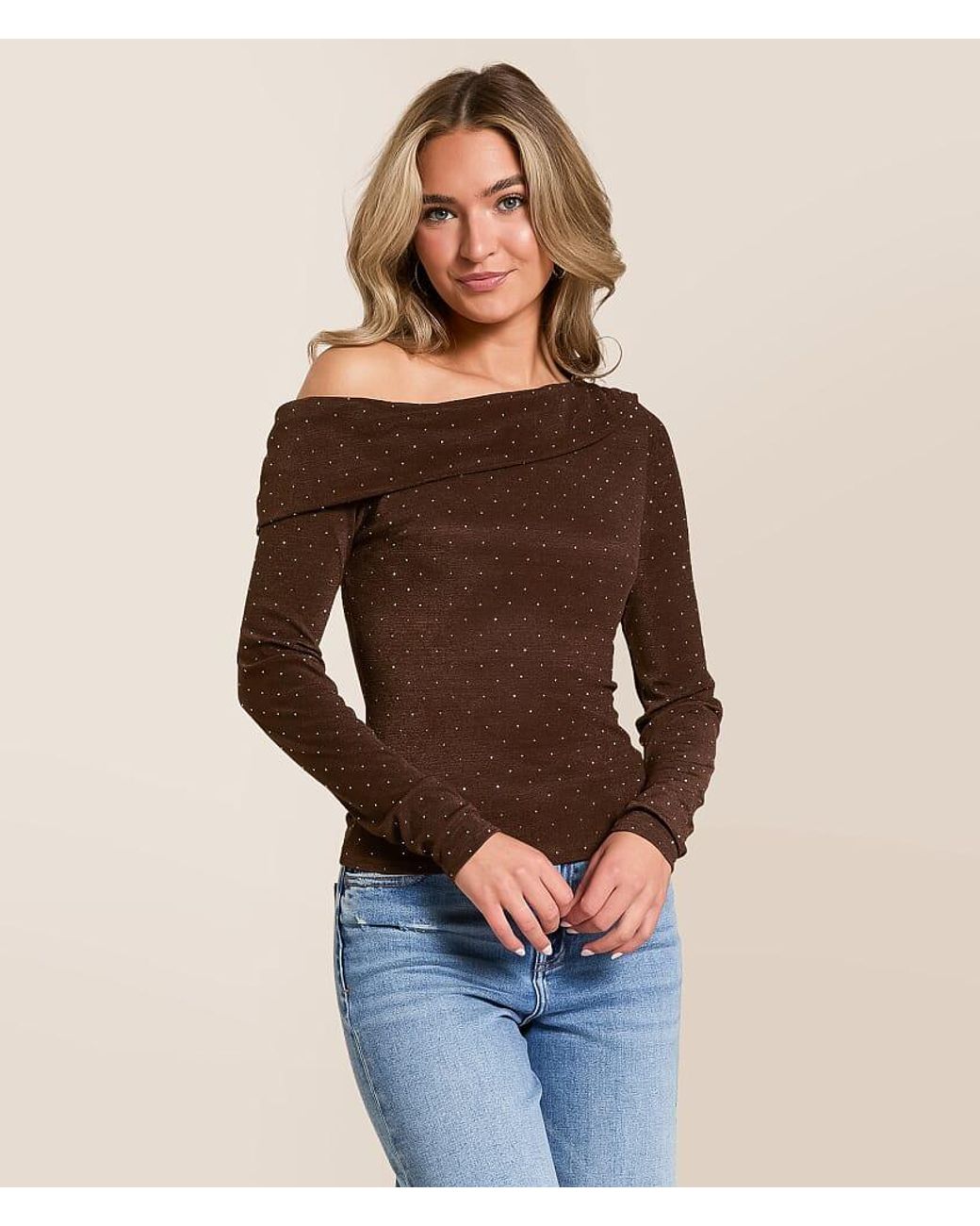 Willow & Root Brown Off The Shoulder Rhinestone Top