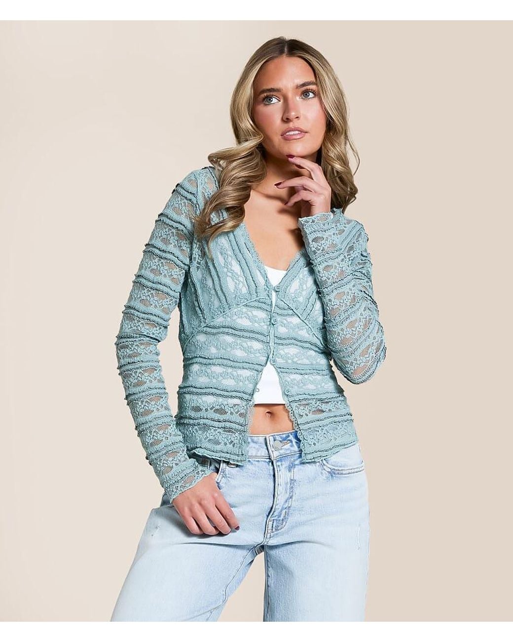 Willow & Root Blue Sheer Lace Fitted Top
