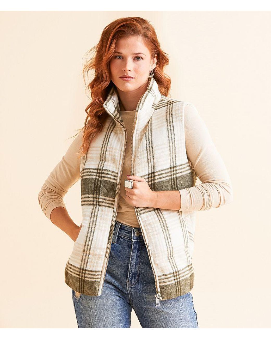 BKE Natural Collared Plaid Vest