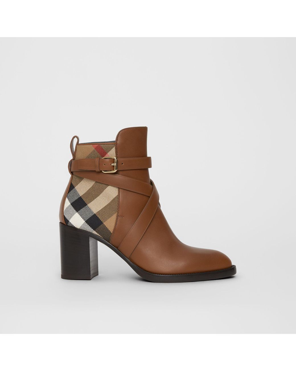 House Check and Leather Ankle Boots in Black/archive beige - Women