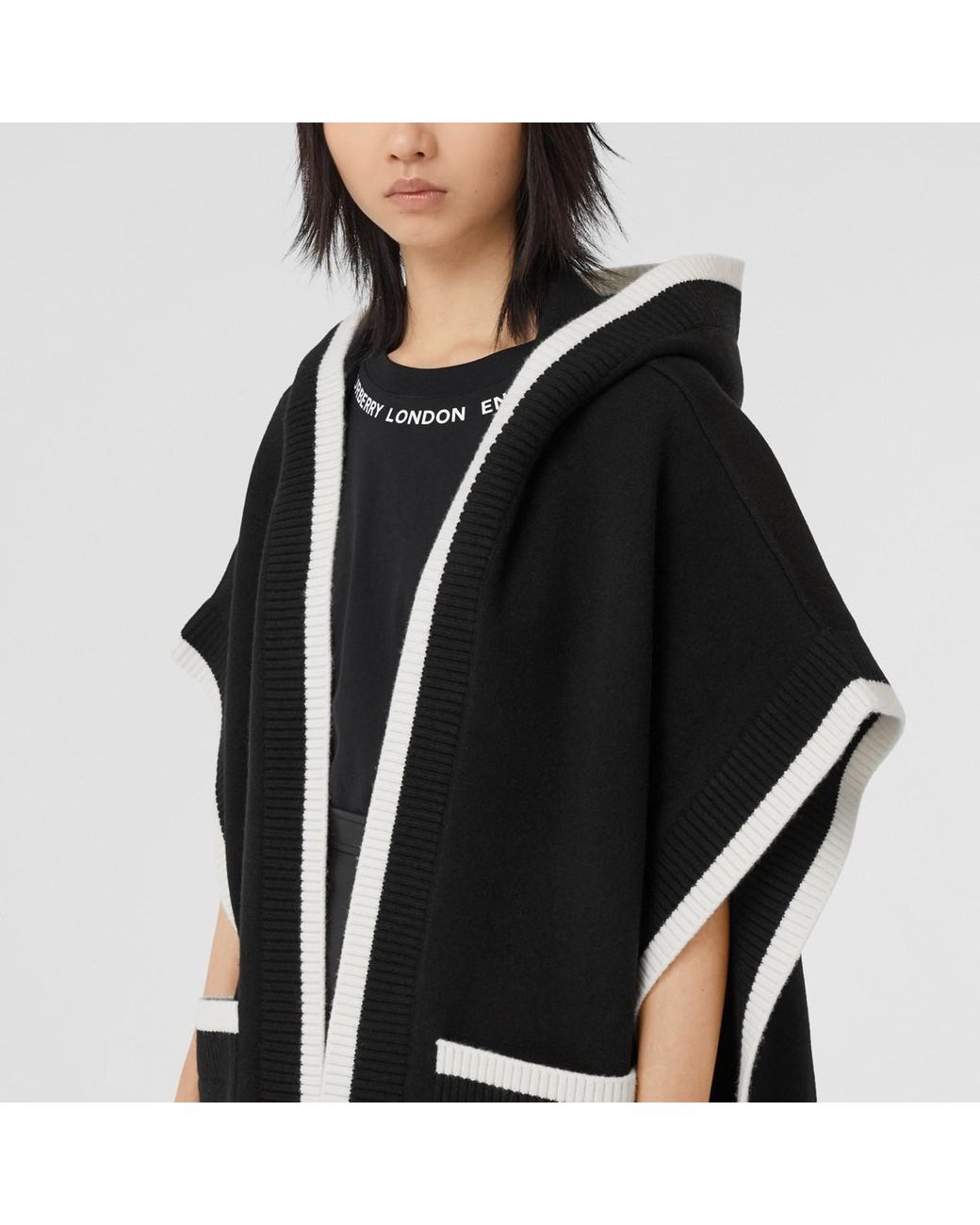 Burberry Logo Graphic Wool Cashmere Jacquard Hooded Cape in Black