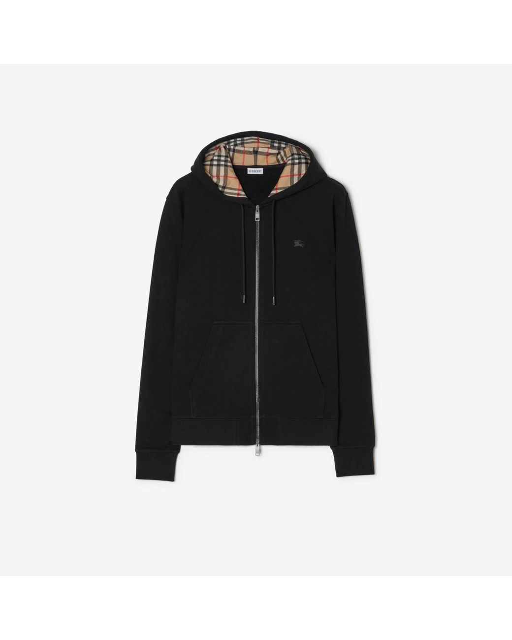 Burberry Black Check Hood Cotton Zip Hoodie for men
