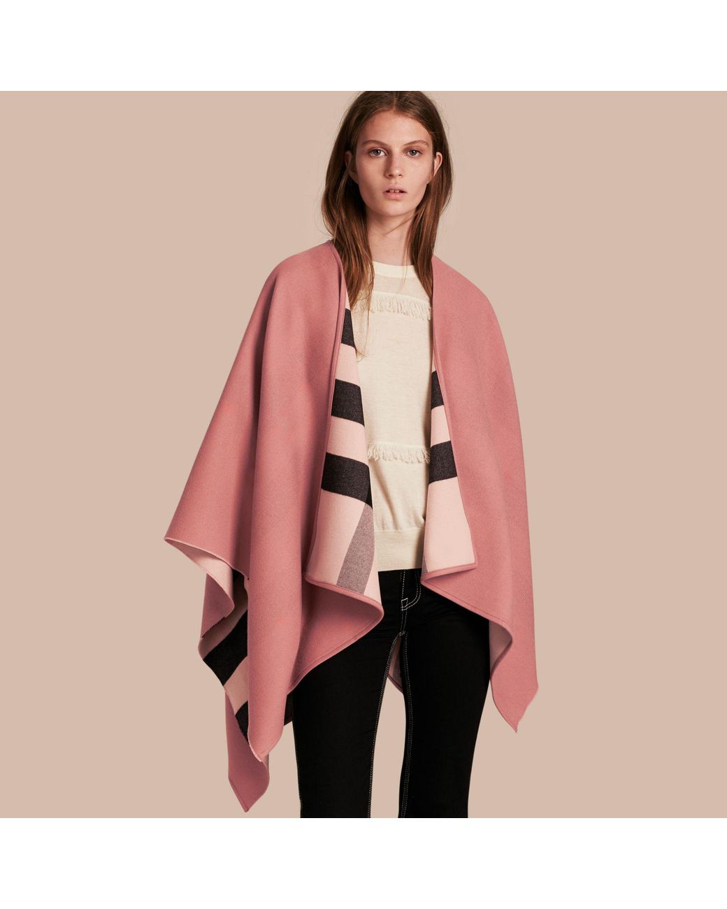 Burberry Reversible Check Merino Wool Poncho in Pink | Lyst