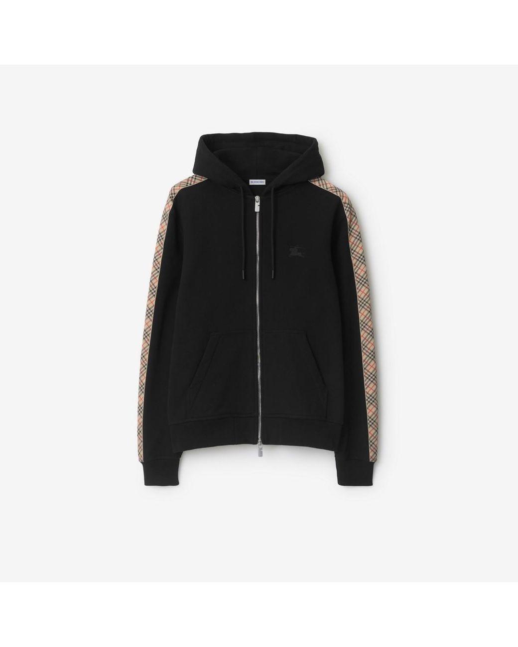 Burberry Black Check Trim Cotton Zip Hoodie for men