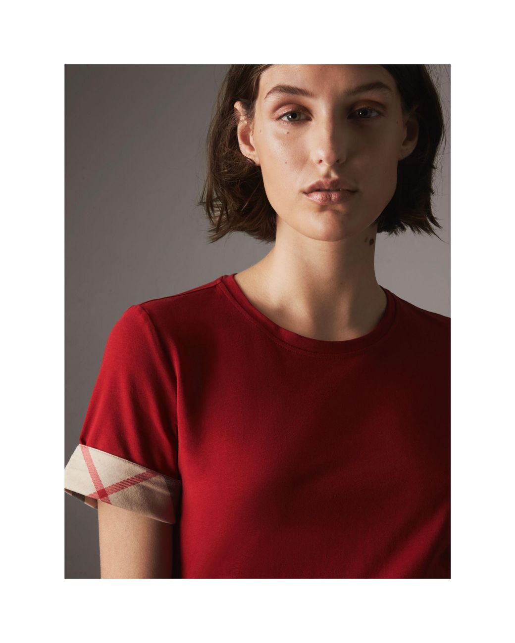 Koge Supersonic hastighed tro Burberry Check Cuff Stretch Cotton T-shirt Lacquer Red | Lyst
