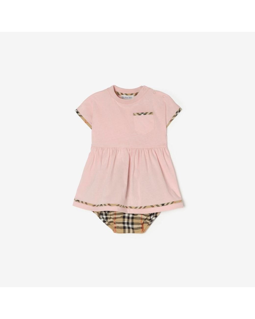 Burberry Pink Childrens Check Trim Cotton Dress With Bloomers