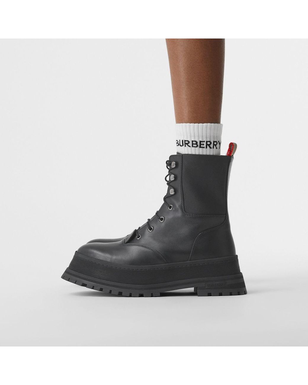 Burberry Icon Stripe Detail Lace up Leather Boots in Black Lyst