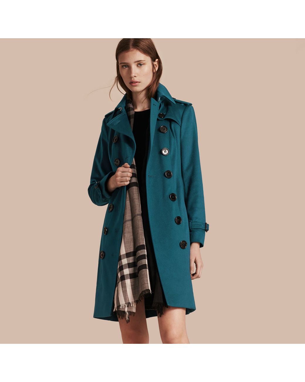 Burberry Sandringham Fit Cashmere Trench Coat Teal in Blue | Lyst