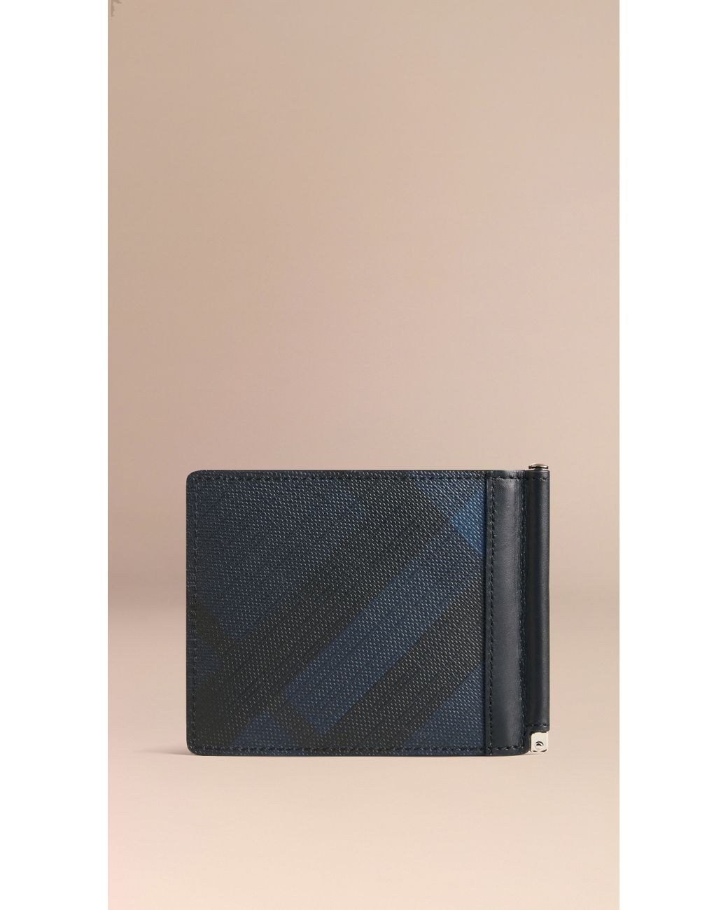 Burberry House Check Chase Deep Blue Grainy Leather Money Clip