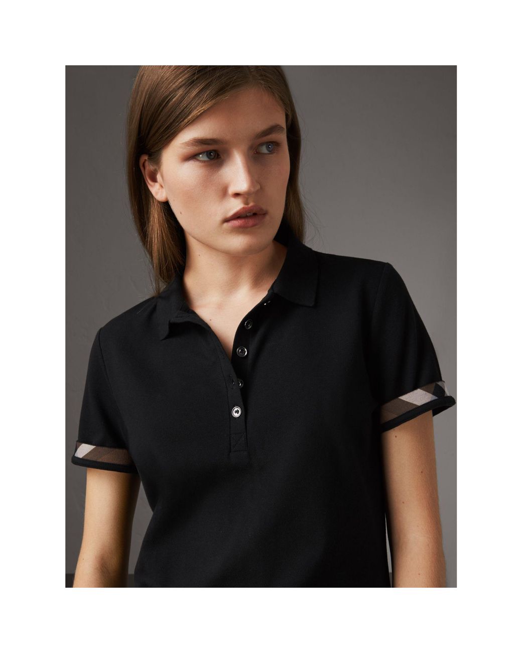 Burberry Check Trim Stretch Cotton Piqué Polo Shirt Black | Lyst