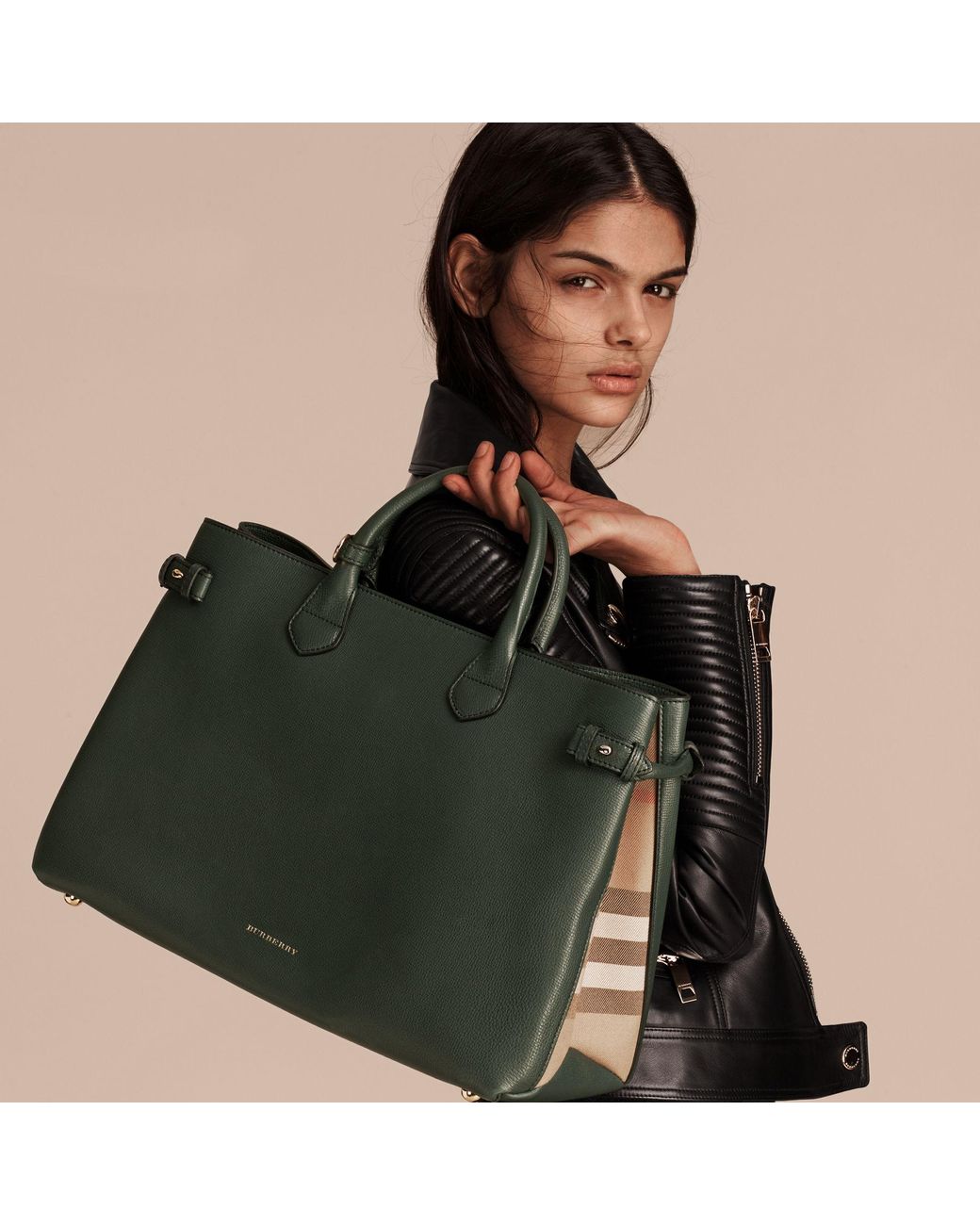 Burberry The Large Banner In Leather And House Check Dark Bottle Green |  Lyst