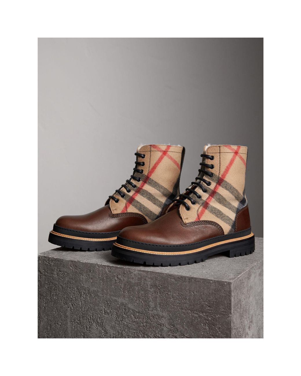 Burberry Shearling-lined Leather And Check Boots for Men | Lyst